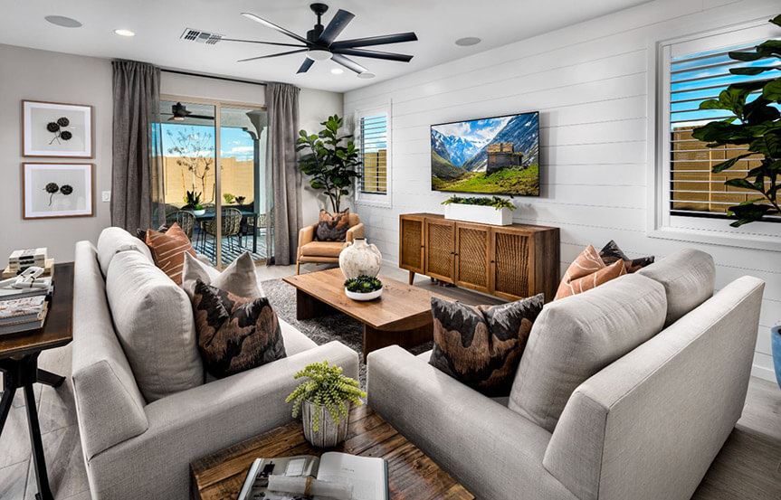 Sage Azure model family room by Brookfield Residential at Alamar community in Avondale, AZ